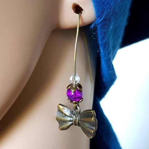 Boucle d'oreille nœud, perles en verre violet, transparente, coupelles, crochets en métal bronze