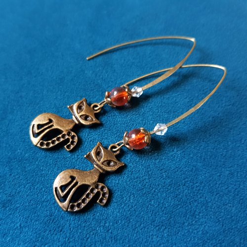 Boucle d'oreille chat, perles en verre orange, transparent, coupelles, crochets en métal bronze