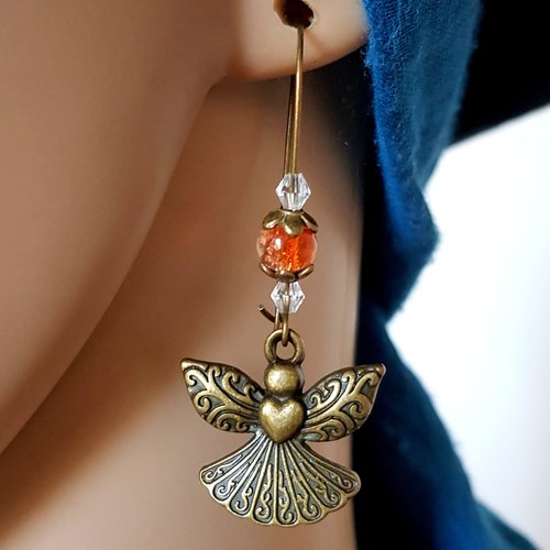 Boucle d'oreille ange, perles en verre orange, transparent, coupelles, crochets en métal bronze
