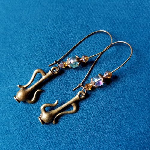 Boucle d'oreille perles en verre beige, transparent, coupelles, crochets en métal bronze