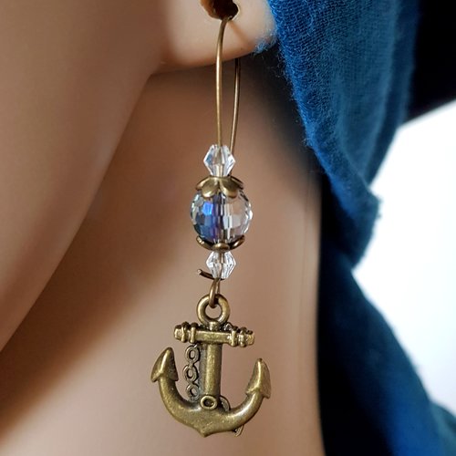 Boucle d'oreille ancre de bateaux, perles en verre bleu, transparent, coupelles, crochets en métal bronze
