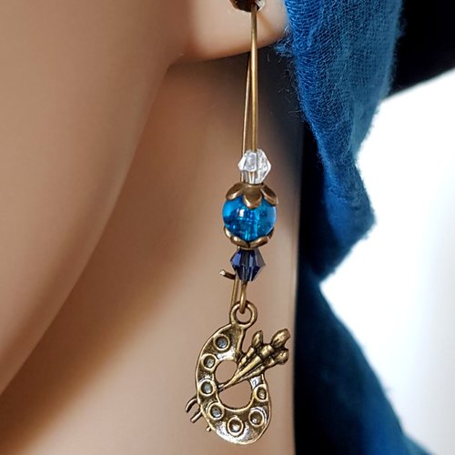 Boucle d'oreille pinceaux, perles en verre transparent, bleu, coupelles, crochets en métal bronze