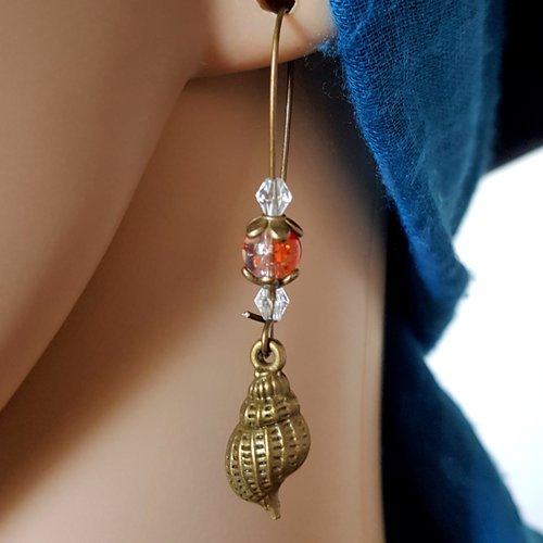 Boucle d'oreille coquillage, perles en verre transparent, orange, coupelles, crochets en métal bronze