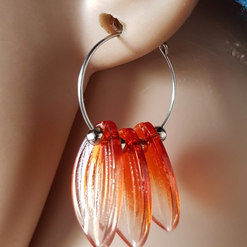 Boucle d'oreille feuilles, perles en verre orange, transparente, crochet en métal acier inoxydable argenté