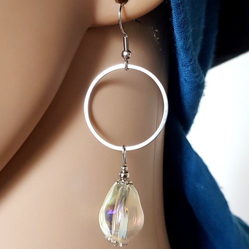 Boucle d'oreille rond, perles en verre transparente avec reflets, crochet en métal acier inoxydable argenté