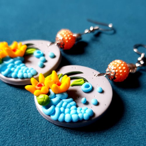 Boucle d'oreille perles en acrylique orange, crochet en métal acier inoxydable argenté