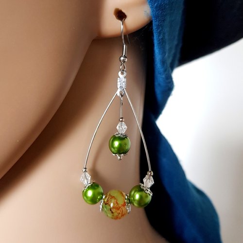 Boucle d'oreille goutte, perles en verre, verte, transparente, crochet en métal acier inoxydable argenté