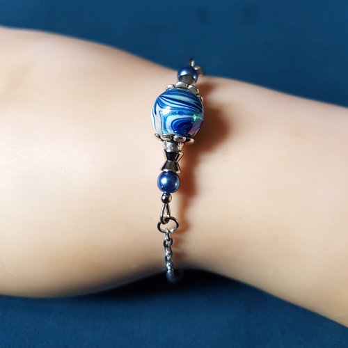 Bracelet perle en acrylique bleu, blanc, fermoir mousqueton, chaîne d’extension, métal acier inoxydable argenté