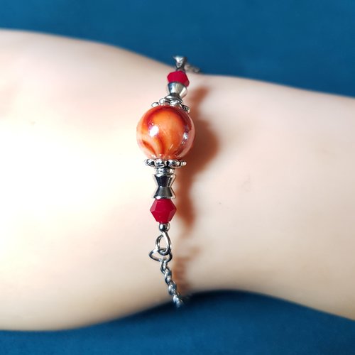Bracelet perle en acrylique orange, rouge, fermoir mousqueton, chaîne d’extension, métal acier inoxydable argenté