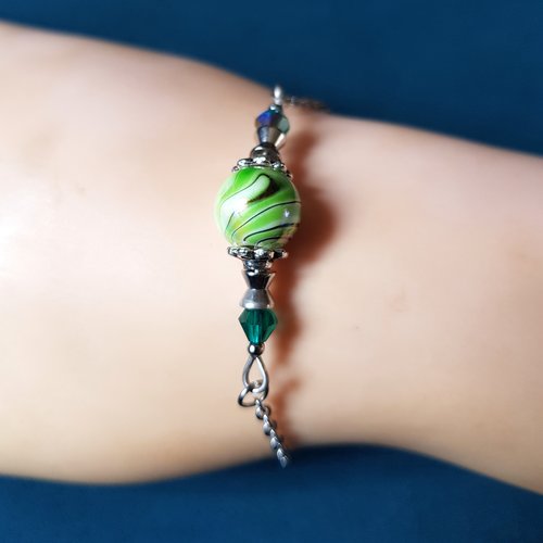 Bracelet perle en acrylique verte, noir, blanc, fermoir mousqueton, chaîne d’extension, métal acier inoxydable argenté