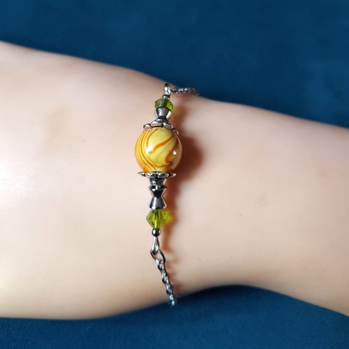 Bracelet perle en acrylique orange, verte clair, fermoir mousqueton, chaîne d’extension, métal acier inoxydable argenté
