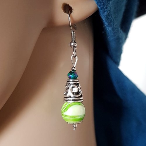 Boucle d'oreille perles en acrylique verte clair, crochet en métal acier inoxydable argenté