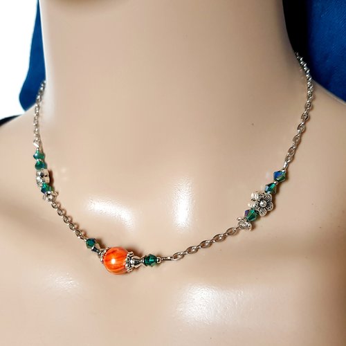Collier perles en acrylique orange foncé, en verre verte, fleurs, fermoir, chaîne en métal acier inoxydable argenté