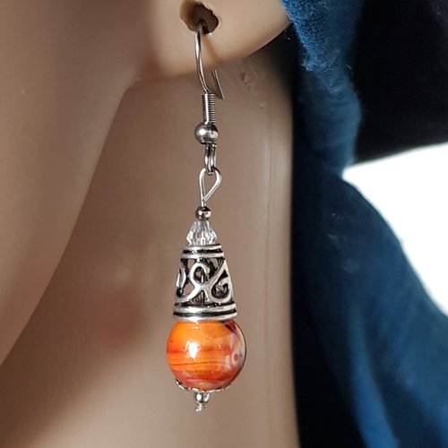 Boucle d'oreille perles en acrylique orange foncé, coupelles, crochet en métal acier inoxydable argenté