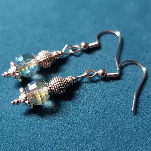 Boucle d'oreille perles en verre à facette transparente avec reflets, crochet en métal acier inoxydable argenté