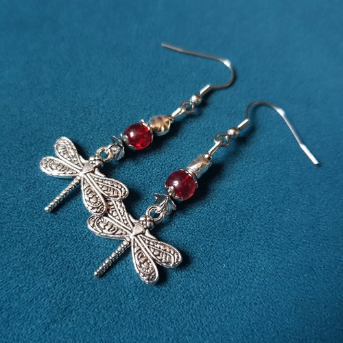 Boucle d'oreille libellule, perles en verre transparent, rouge, coupelles, crochet en métal acier inoxydable argenté