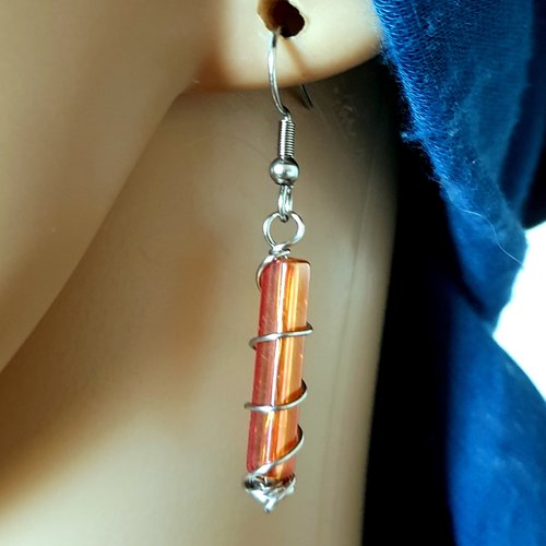 Boucle d'oreille perles en verre rectangle orange avec reflets, fil d'acier, crochet en métal acier inoxydable argenté