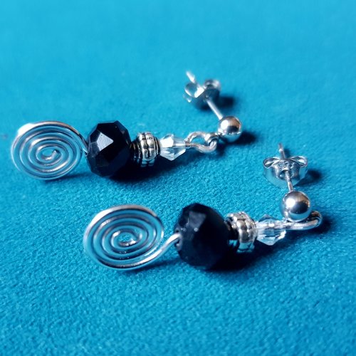Boucle d'oreille spiral perles en verre noir, crochet boule puce en métal acier inoxydable argenté