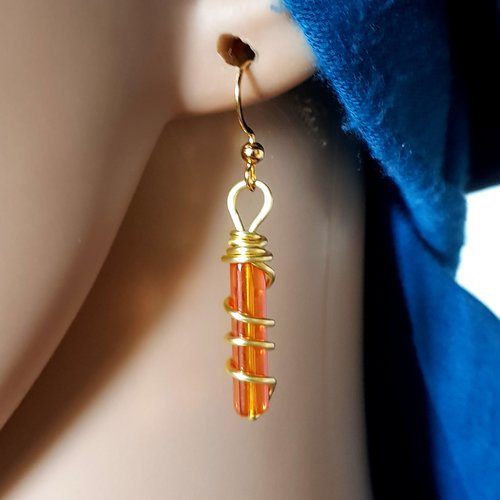 Boucle d'oreille perles en verre rectangle orange avec reflets vert, fil d'acier crochet en métal acier inoxydable doré