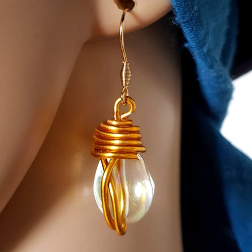 Boucle d'oreille perles en verre ovale goutte, transparent, fil d'acier, crochet en métal acier inoxydable doré