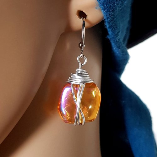 Boucle d'oreille perles en verre carré irrégulier, orange avec reflet, fil d'acier, crochet en métal acier inoxydable argenté