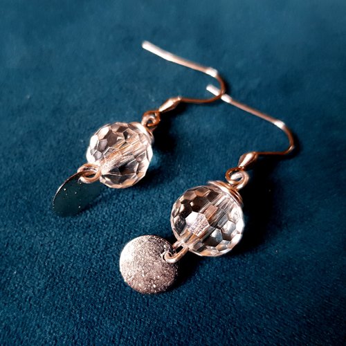 Boucle d'oreille perles en verre ronde à facette transparente, fil d'acier, crochet en métal acier inoxydable argenté