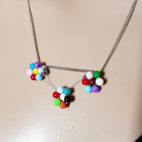 Collier perles en verre multicolore, fermoir, chaîne en métal acier inoxydable argenté