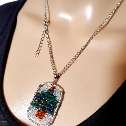 Collier sapin en perles en verre verte, rouge, transparente, fermoir, chaîne en métal acier inoxydable argenté,