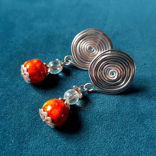 Boucle d'oreille spirale, perles en verre orange, transparente, fil d'acier en métal argenté