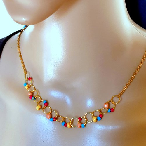 Collier perles rocaille bleu, rose fuchsia, orange, anneaux, chaîne d’extension, fermoir, chaîne en métal acier inoxydable doré