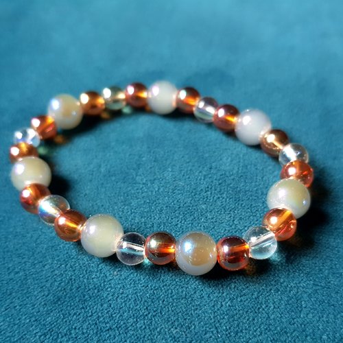 1 bracelet perles en verre bleu gris, transparent, orange, élastique