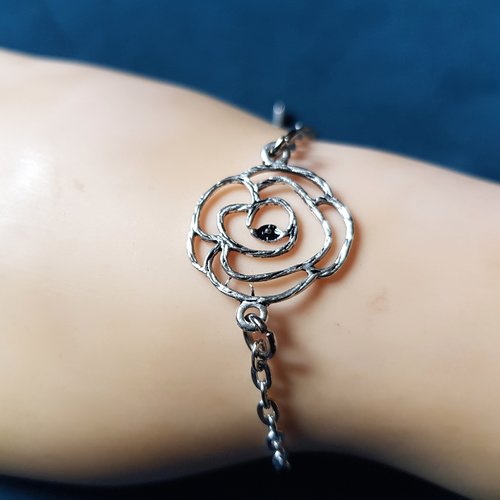 Bracelet chaîne fleur, fermoir mousqueton, chaîne d’extension, métal argenté