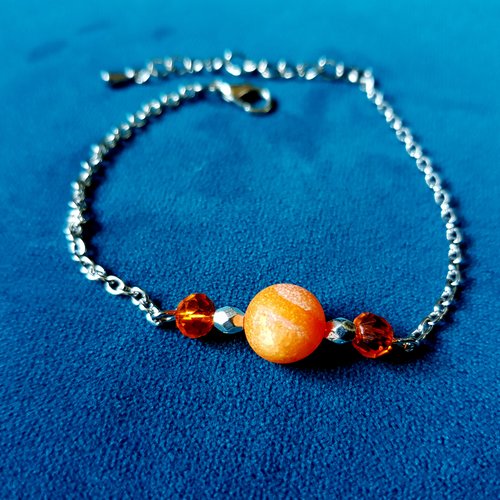 1 bracelet perles en verre orange, chaîne, fermoir en métal acier inoxydable argenté