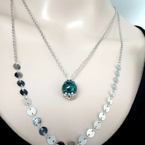Double collier pendentif perles en verre verte et noir, fermoir, chaîne força et fantaisie en métal argenté