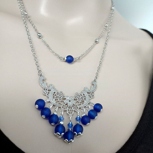 Double collier pendentif connecteur, perles en verre bleu nuit givré, fermoir, chaîne força et fantaisie en métal argenté