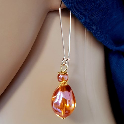 Boucle d'oreille perles en verre orange avec reflets, transparente, coupelles, crochets en métal acier inoxydable doré