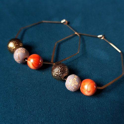Boucle d'oreille créole, perles en bois, acrylique orange, noir, gris, métal acier inoxydable doré
