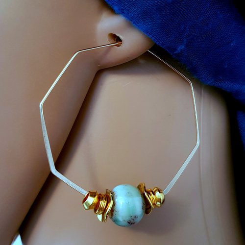 Boucle d'oreille créole, perles en porcelaine émaillé bleu, violet, métal acier inoxydable doré