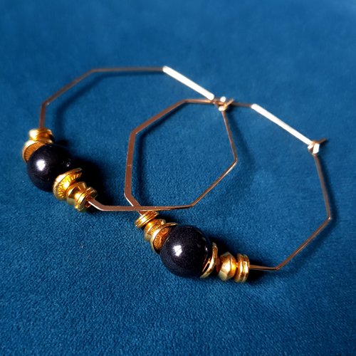 Boucle d'oreille créole, perles en porcelaine émaillé noir, métal acier inoxydable doré