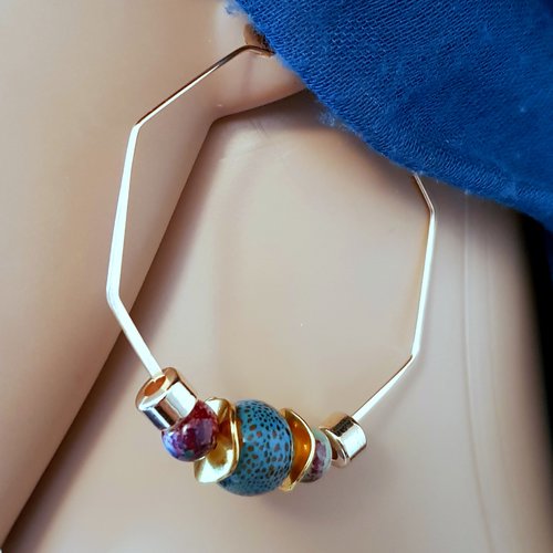 Boucle d'oreille créole, perles en porcelaine émaillé bleu turquoise, violet, métal acier inoxydable doré
