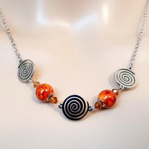 Collier connecteurs spiral, perles en verre orange marbré fermoir, chaîne en métal acier inoxydable argenté
