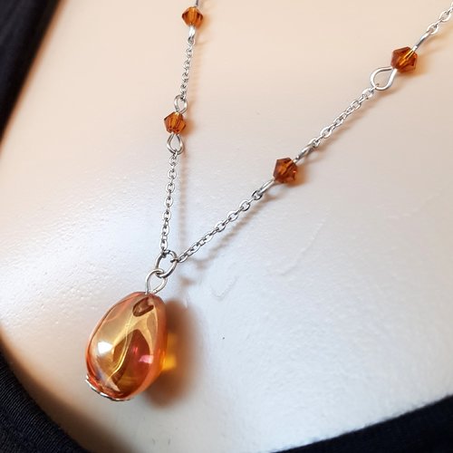Collier perles en verre orange transparent, fermoir, chaîne en métal acier inoxydable argenté