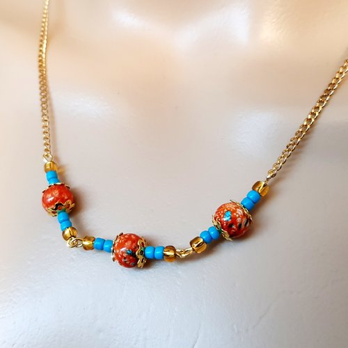Collier perles en verre orange, bleu, fermoir, chaîne en métal acier inoxydable doré