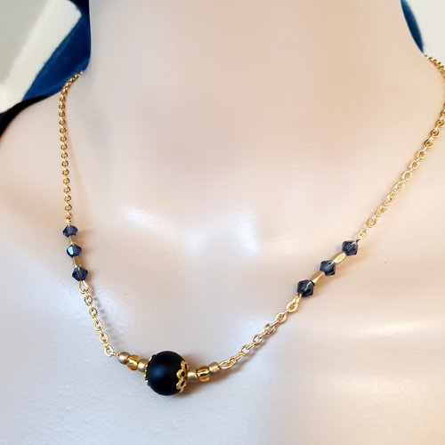 Collier perles en verre noir givré, bleu foncé, fermoir, chaîne en métal acier inoxydable doré