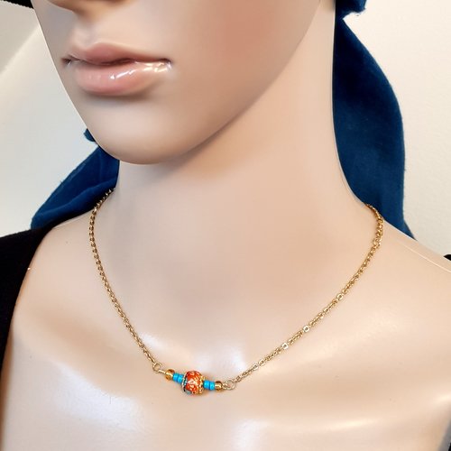 Collier perles en verre orange, bleu, fermoir, chaîne en métal acier inoxydable doré