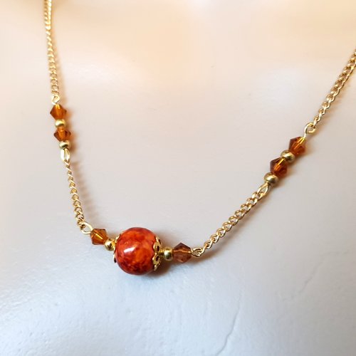 Collier perles en verre orange marbré, fermoir, chaîne en métal acier inoxydable doré