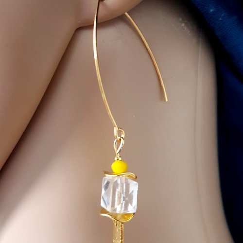 Boucle d'oreille perles carré à facette transparent en acrylique, crochets en métal acier inoxydable doré