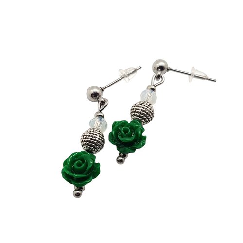 Boucle d'oreille perles fleur verte en acrylique, puce en métal acier inoxydable argenté
