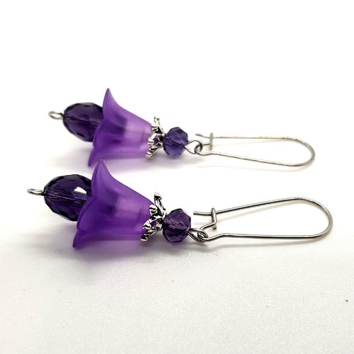 Boucle d'oreille perles en verre violet, cloche en acrylique, crochet en métal acier inoxydable argenté