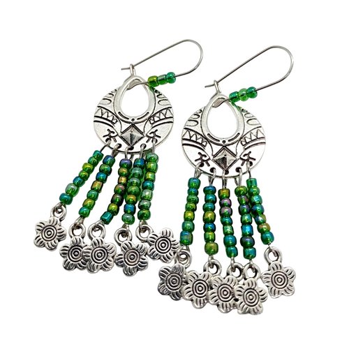 Boucle d'oreille perles en verre verte, connecteur, crochet en métal acier inoxydable argenté